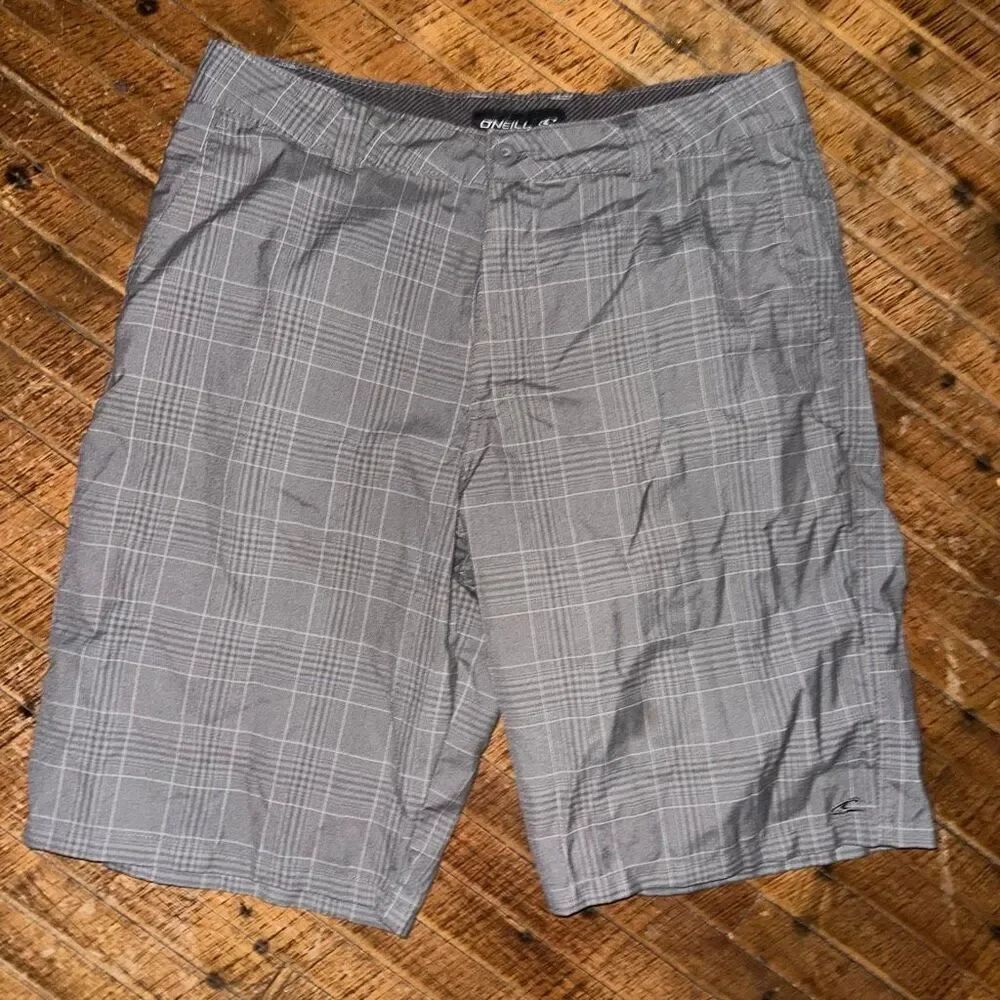 O’Neill gray plaid athletic flat front size 34 gorpcore shorts